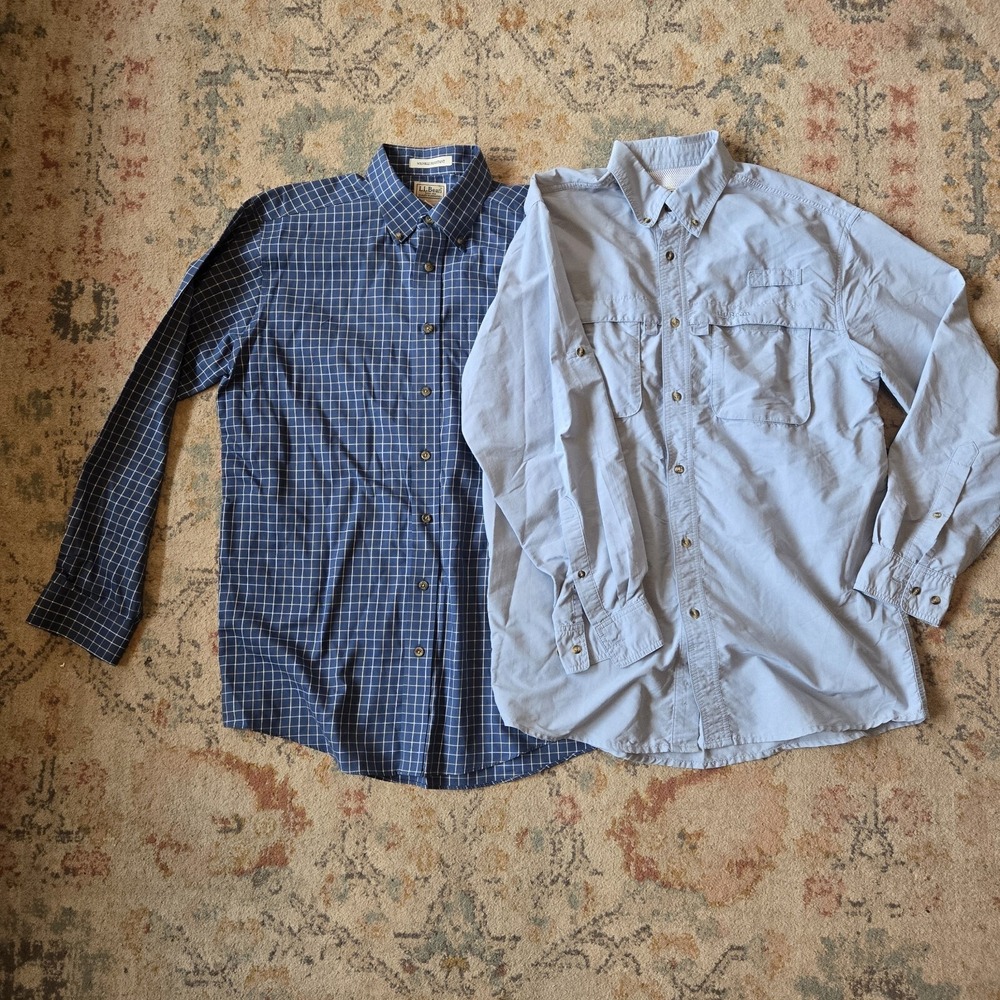 L.L. Bean Mens M Tall Button Up Shirt Lot Of 2 Blue Plaid Fishing EUC CLEAN
